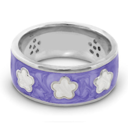 Daisy Love Band Ring - purple enamel with white flower motifs, three flowers, silver band on Tampa Home & Garden Store