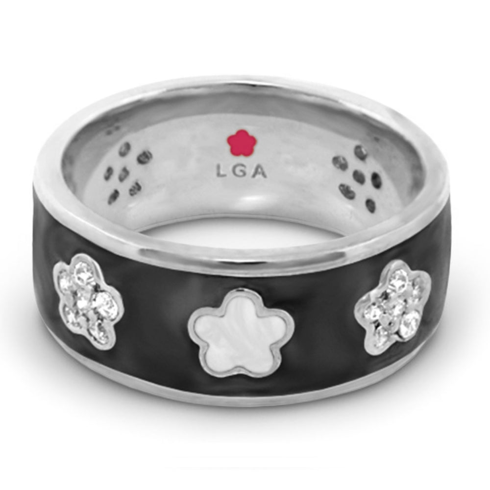 Daisy Love Band Ring by Lauren G Adams with black enamel and pave flowers white enamel bloom on Tampa Home & Garden Store