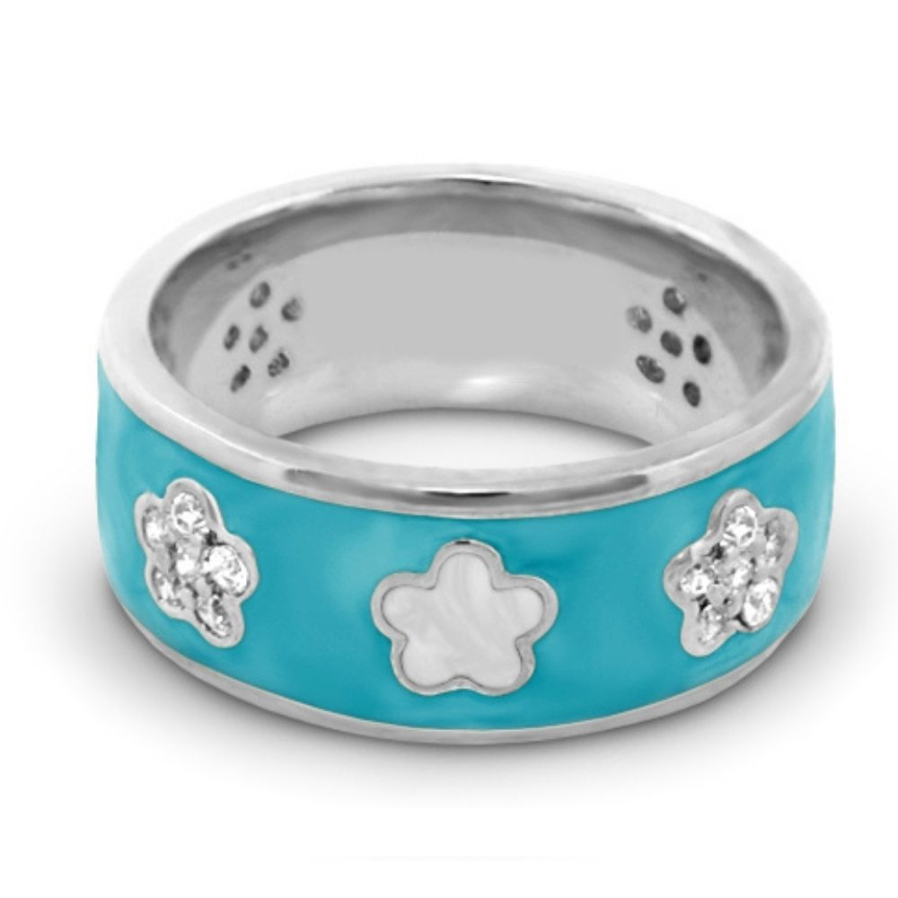 Daisy Love Band Ring by Lauren G Adams in turquoise enamel with pavé flower accents on Tampa Home & Garden Store