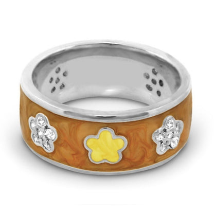 Band ring by Lauren G Adams with yellow enamel flower and pavé crystal accents on brown inlay on Tampa Home & Garden Store