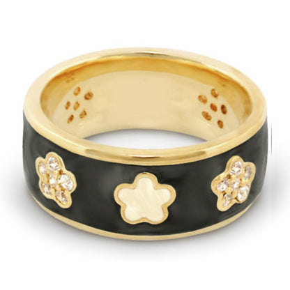 Band Ring Daisy Love by Lauren G Adams with black enamel, gold trim and pavé flower accents on Tampa Home & Garden Store