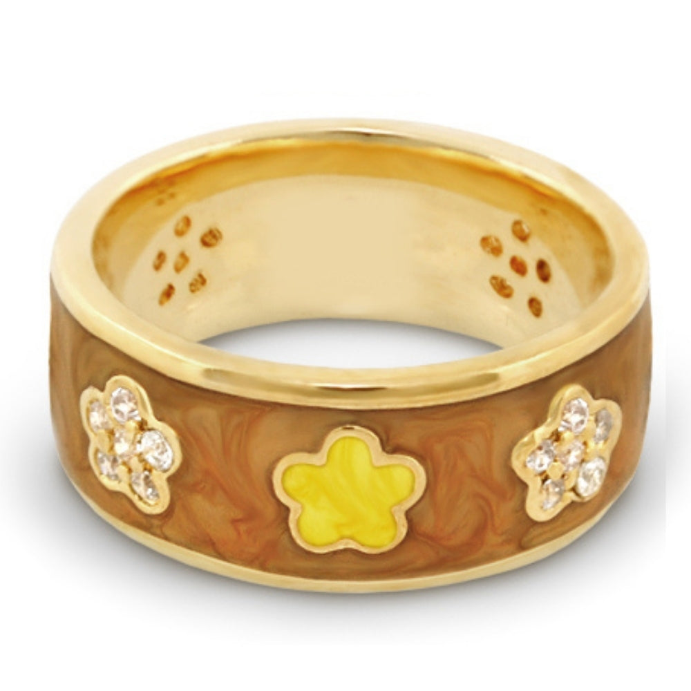 Daisy Love Band Ring - Pavé & Enamel Flowers: gold-tone wide band with yellow enamel flower accents on Tampa Home & Garden Store