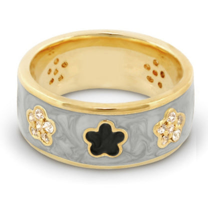 Daisy Love Band Ring by Lauren G Adams, gray marbled enamel with gold trim and pave flowers on Tampa Home & Garden Store