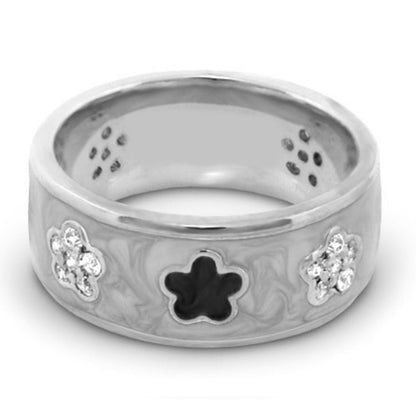 Daisy Love Band Ring with black enamel clover and pave diamonds on a wide silver band on Tampa Home & Garden Store