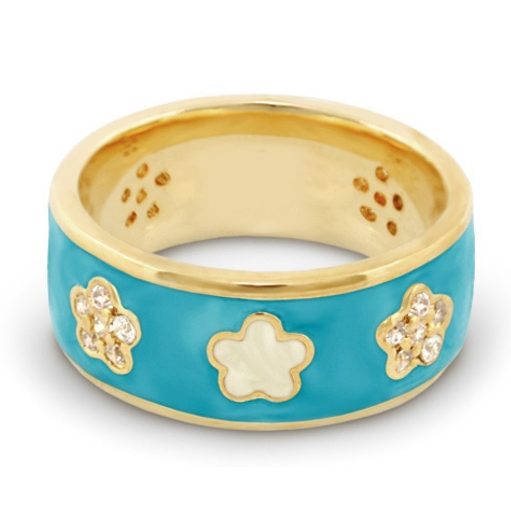 Turquoise enamel band ring with gold floral pavé accents and white enamel flower on Tampa Home & Garden Store