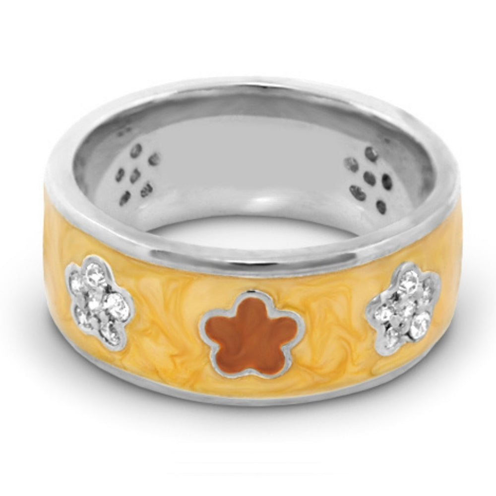 Daisy Love Band Ring by Lauren G Adams yellow enamel band with orange flower inlay and pavé side stones on Tampa Home & Garden Store