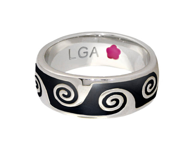 Signature Swirl Ring, stackable black enamel band with silver spirals and pink inner flower, LGA engraving on Tampa Home & Garden Store