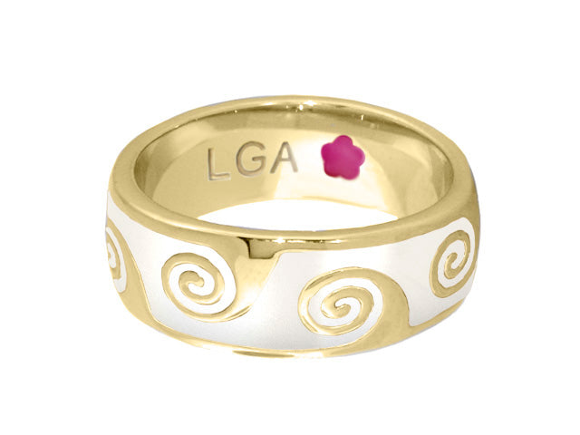 Signature Swirl Ring, Lauren G Adams gold ring with white enamel spirals and LGA inside on Tampa Home & Garden Store