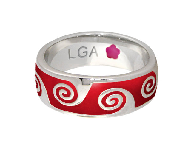 Signature Swirl Ring by Lauren G Adams, silver stackable ring with red enamel and white spirals on Tampa Home & Garden Store