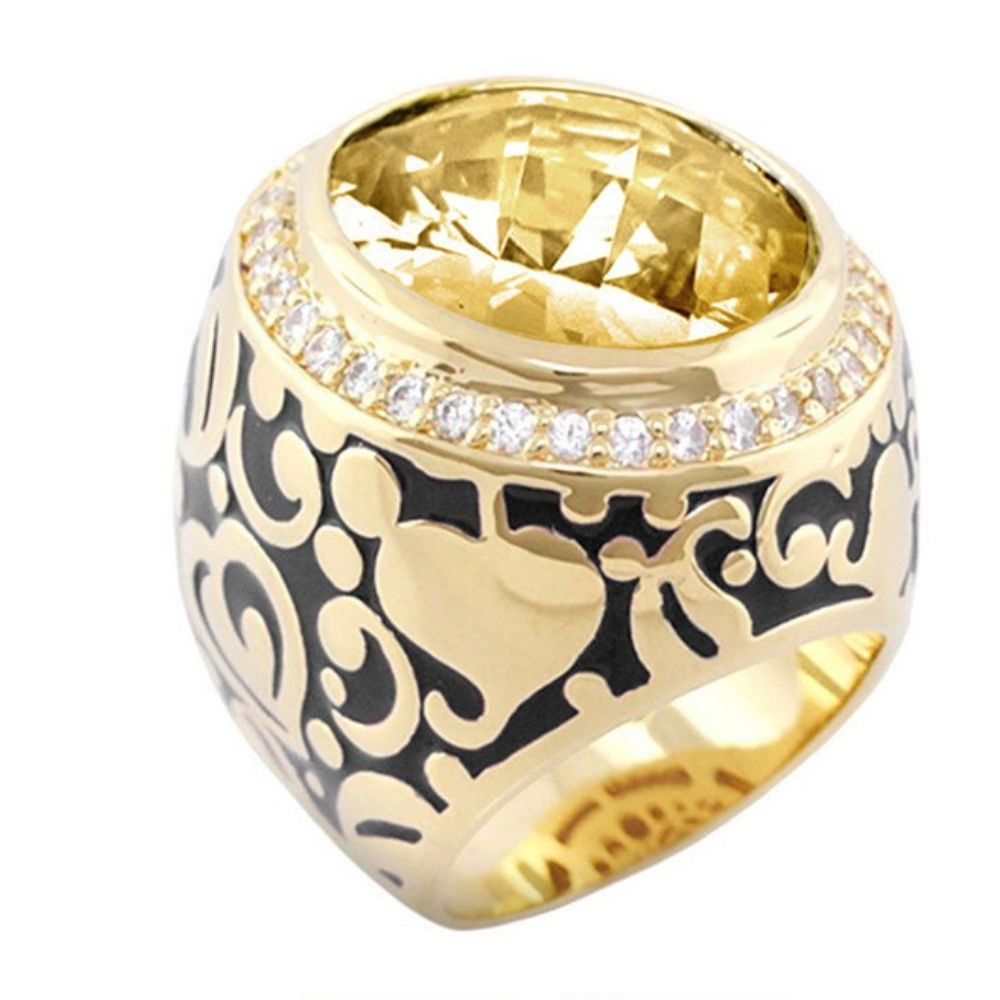 Hidden Hearts Cocktail Ring with gold-tone band, large yellow gemstone, pavé halo on Tampa Home & Garden Store