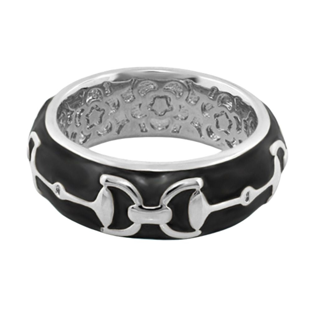 Equestrian Stirrup Ring with black enamel and silver horse-bit motif on Tampa Home & Garden Store