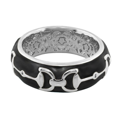 Equestrian Stirrup Ring with black enamel and silver horse-bit motif on Tampa Home & Garden Store