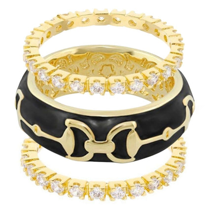Equestrian Stirrup Ring Set, 3 gold rings with diamond accents and black enamel stirrup motif on Tampa Home & Garden Store
