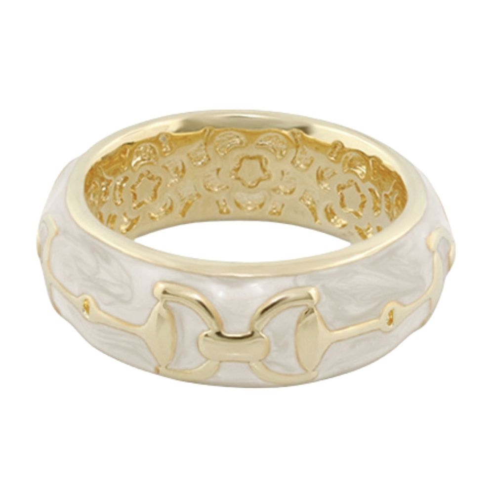 Lauren G Adams Equestrian Stirrup Ring white enamel band with gold horsebit accents on Tampa Home & Garden Store