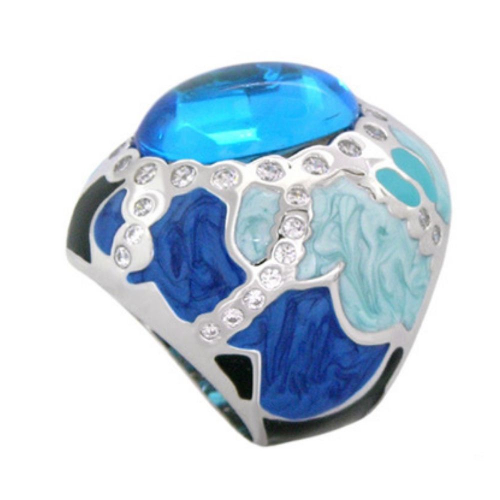 Cool Ice Cocktail Ring by Lauren G Adams, silver-tone band with blue aqua enamel and crystals on Tampa Home & Garden Store