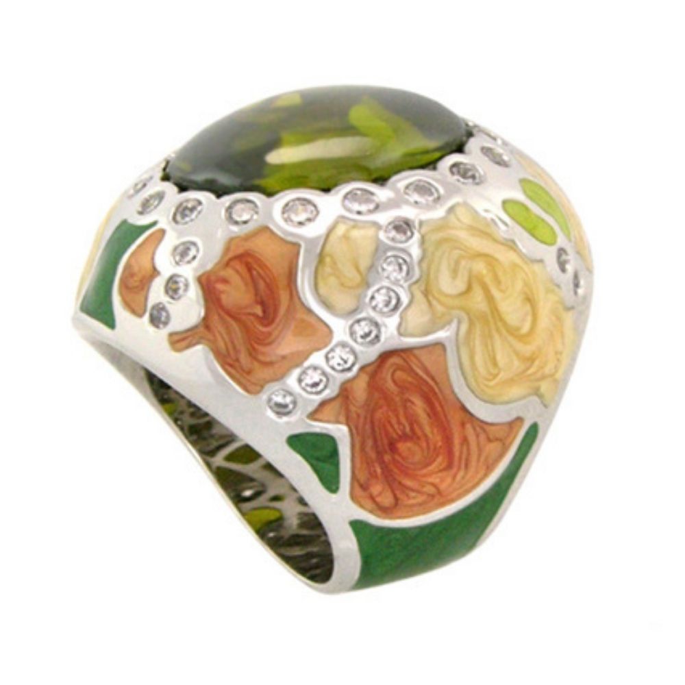 Cool Ice Cocktail Ring by Lauren G Adams with green cabochon and enamel floral inlay rhinestones on Tampa Home & Garden Store