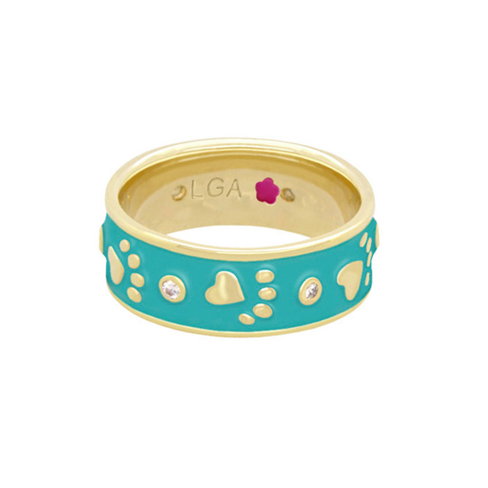 Animal Paradise Ring Paw & Heart Band teal enamel with gold paw prints, hearts, crystals LGA on Tampa Home & Garden Store