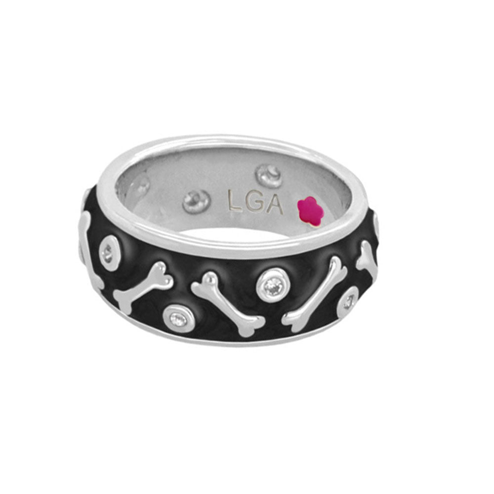 Dog Bone Ring by Lauren G Adams, black enamel band with silver bone accents and crystals on Tampa Home & Garden Store