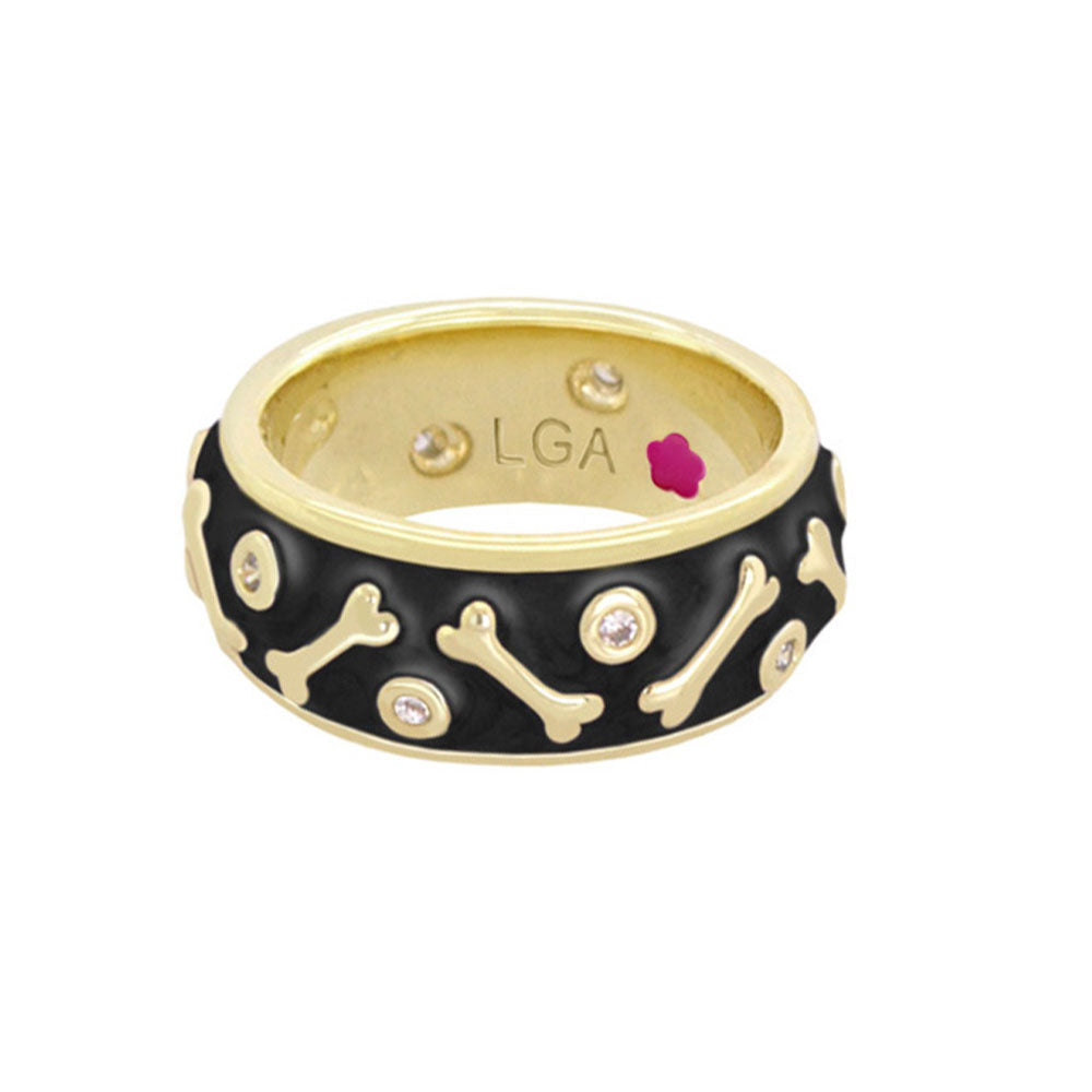 Animal Paradise Ring Dog Bone Band black enamel with gold bones and crystals LGA on Tampa Home & Garden Store