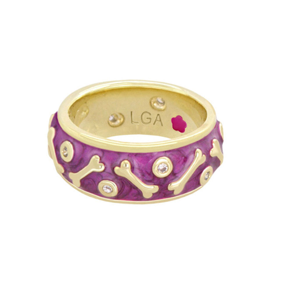 Animal Paradise Ring Dog Bone Band by Lauren G Adams in purple enamel with gold bone motifs and crystals on Tampa Home & Garden Store