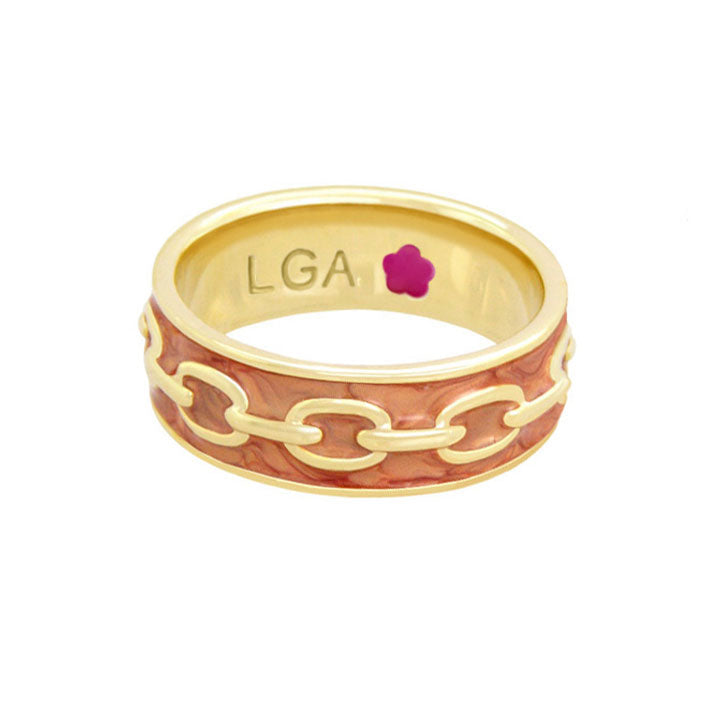 Laguna Links Band Ring by Lauren G Adams, gold-tone band with pink enamel chain-link design on Tampa Home & Garden Store