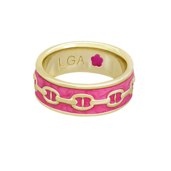 Laguna Links Band Ring gold-tone with pink enamel and chain-link motif, inner LGA stamp on Tampa Home & Garden Store