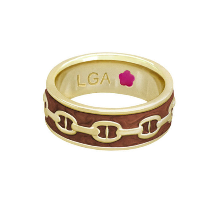 Laguna Links Band Ring by Lauren G Adams, gold-tone band with brown enamel and chain-link motif on Tampa Home & Garden Store
