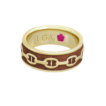Laguna Links Band Ring by Lauren G Adams, gold-tone band with brown enamel and chain-link motif on Tampa Home & Garden Store