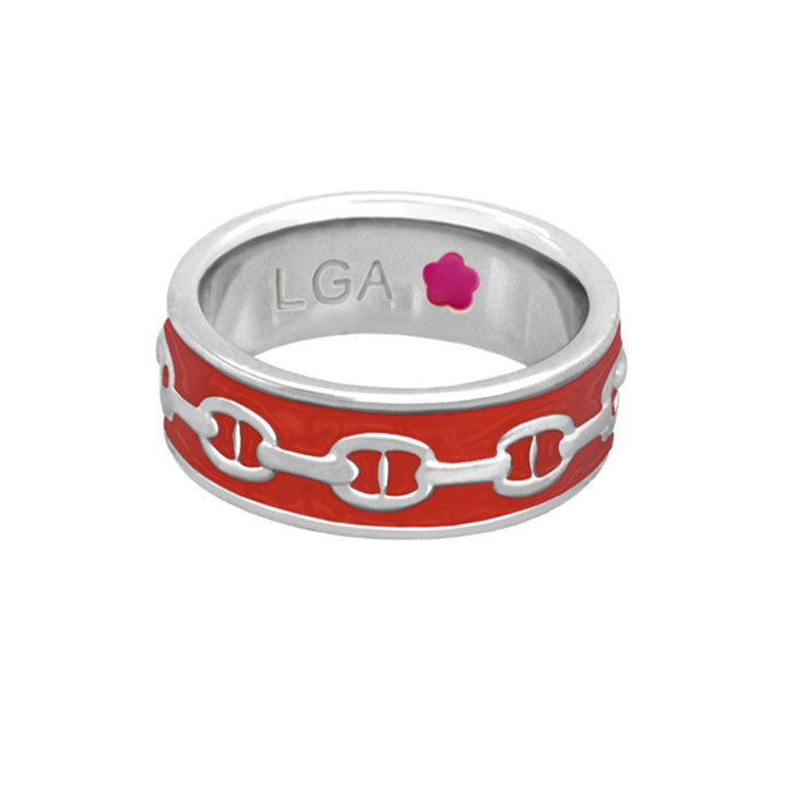 Laguna Links Band Ring by Lauren G Adams, red enamel with silver chain-link detail on Tampa Home & Garden Store