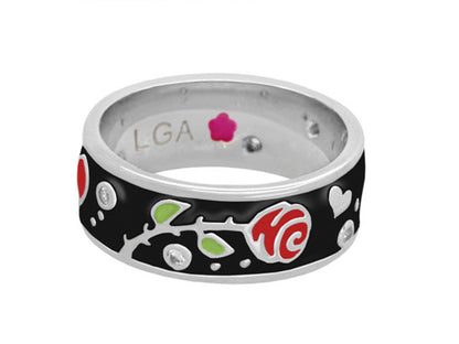 RING BAND Daisy Love Band Ring Trailing Rose, black enamel with red rose leaves; LGA inside on Tampa Home & Garden Store
