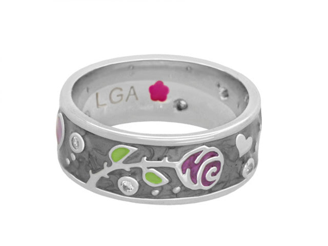 Daisy Love Band Ring — Trailing Rose by Lauren G Adams, silver ring with colorful enamel leaves and pink petals on Tampa Home & Garden Store