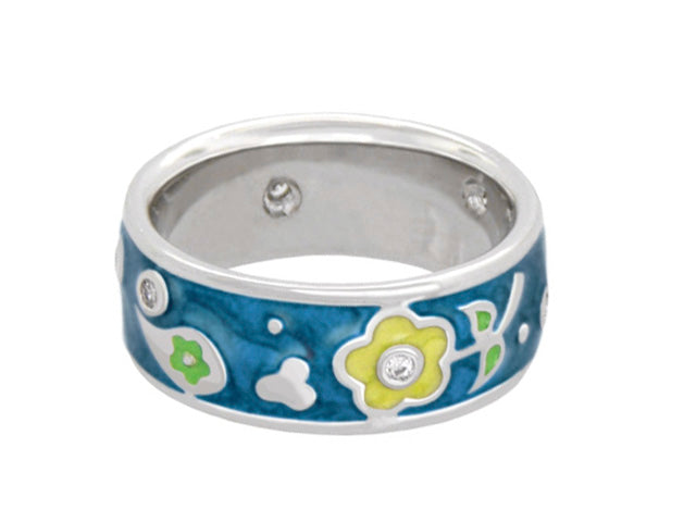 Daisy Love Band Ring — Wildflower by Lauren G Adams, blue enamel ring with yellow accents on Tampa Home & Garden Store