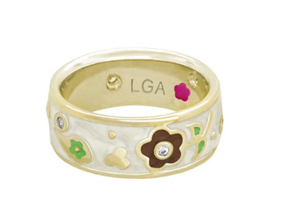 Daisy Love Band Ring Wildflower by LGA, gold-tone band with enamel flowers and engraving on Tampa Home & Garden Store
