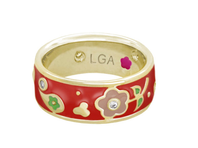 Daisy Love Band Ring - Wildflower red enamel floral motif with gold trim LGA on Tampa Home & Garden Store