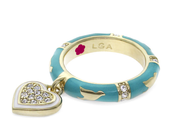Charming 2 Stackable Ring with turquoise enamel, pavé heart charm and gold-tone band, LGA inner stamp on Tampa Home & Garden Store