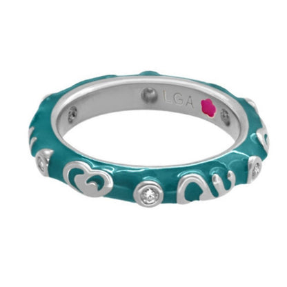 Stackable Ring - Heart & Swirl Band teal enamel with silver heart motifs and crystals LGA on Tampa Home & Garden Store