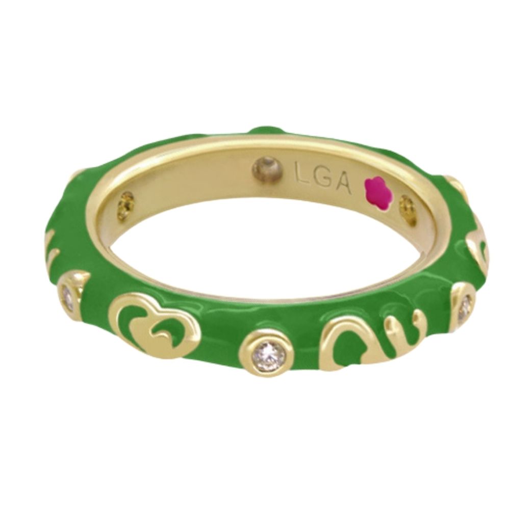 Stackable Desire Ring - Heart & Swirl Band in green enamel with gold accents and LGA on Tampa Home & Garden Store