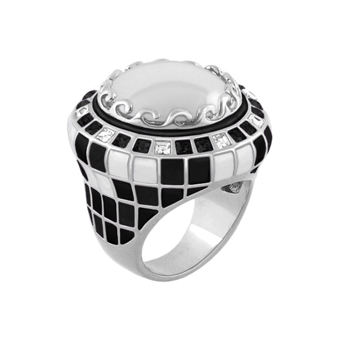 Sundial ring by Lauren G Adams, cocktail ring with large white cabochon and black-white mosaic band on Tampa Home & Garden Store