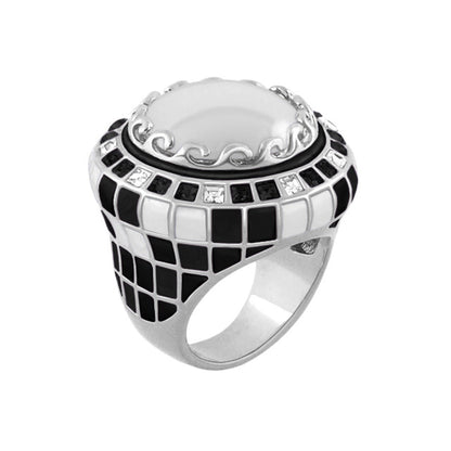 Sundial ring by Lauren G Adams, cocktail ring with large white cabochon and black-white mosaic band on Tampa Home & Garden Store