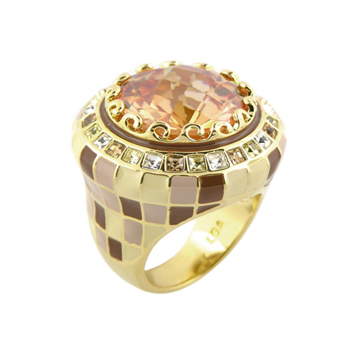 Sundial ring by Lauren G Adams, gold-tone with peach pink center stone and crystal accents on Tampa Home & Garden Store