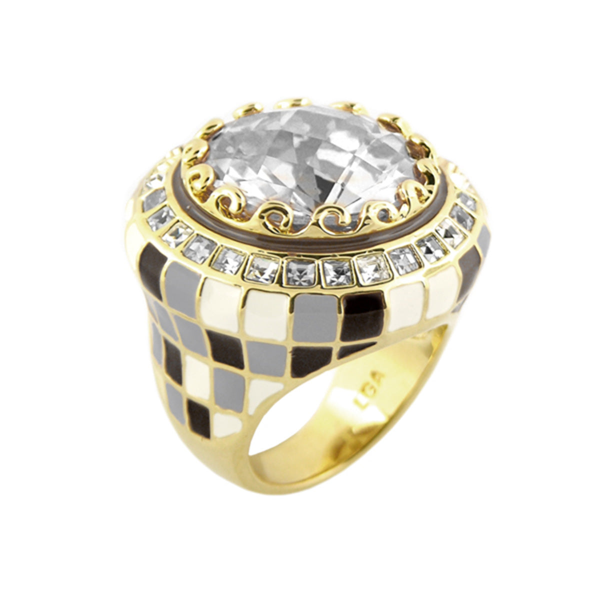 Sundial ring by Lauren G Adams, gold-tone cocktail ring with central crystal and mosaic band on Tampa Home & Garden Store