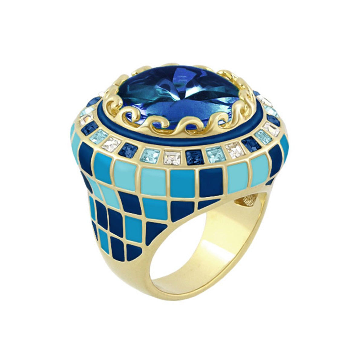 Sundial ring by Lauren G Adams; cocktail ring with blue mosaic tile band and blue center gem on Tampa Home & Garden Store