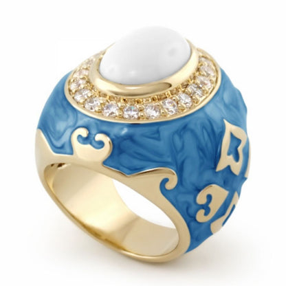 The Eilat Cocktail Ring blue enamel with gold trim white cabochon centerpiece and crystal halo Lauren G Adams on Tampa Home & Garden Store