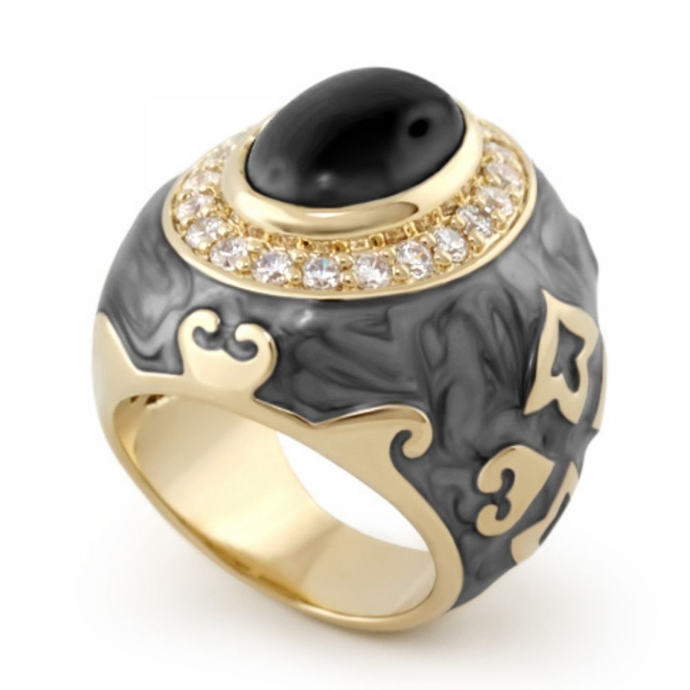 Eilat Cocktail Ring by Lauren G Adams, black onyx cabochon on a gold band with pave diamond halo on Tampa Home & Garden Store