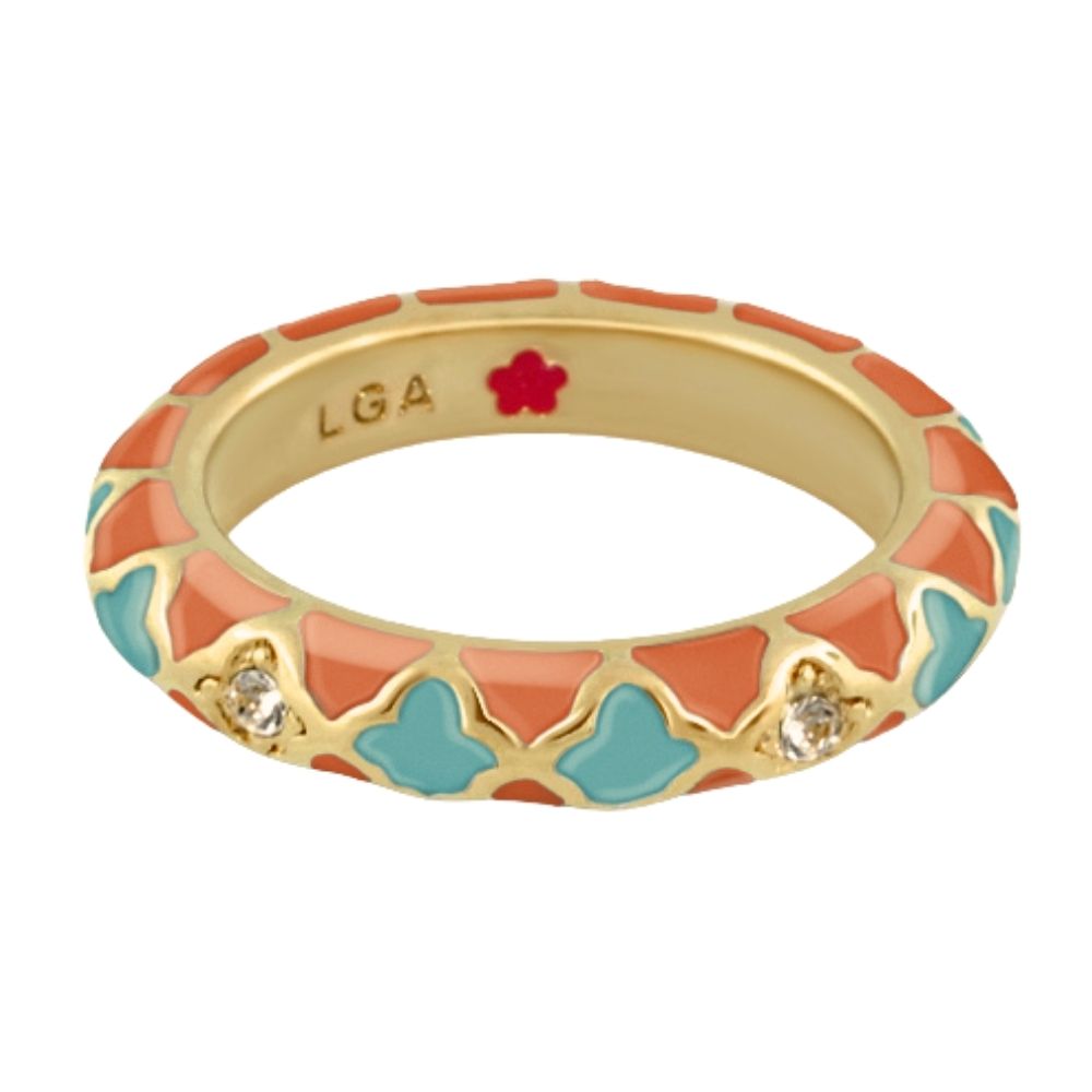 Stackable Fiesta Ring Quatrefoil Inlay, gold-tone coral turquoise enamel by Lauren G Adams on Tampa Home & Garden Store