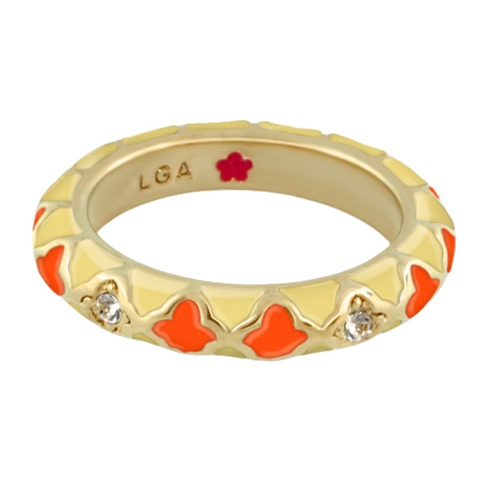 Stackable Fiesta Ring with Quatrefoil Inlay, gold-tone band, orange enamel quatrefoils, LGA on Tampa Home & Garden Store