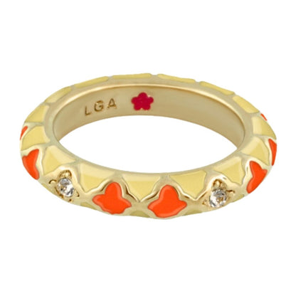Stackable Fiesta Ring with Quatrefoil Inlay, gold-tone band, orange enamel quatrefoils, LGA on Tampa Home & Garden Store