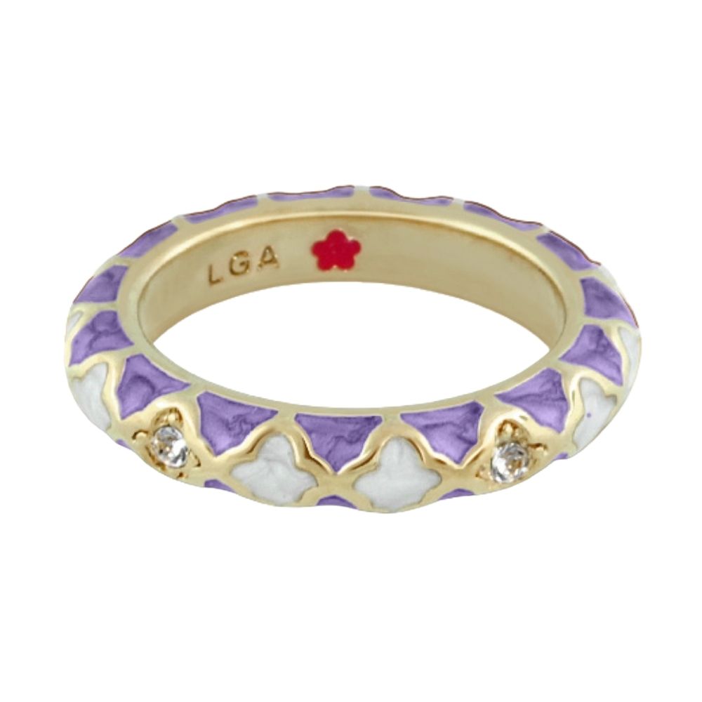 Stackable Fiesta Ring Quatrefoil Inlay by LGA, gold-tone with purple white enamel crystals on Tampa Home & Garden Store