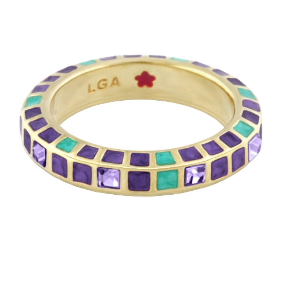 Stackable Fiesta Ring Crystal Checkerboard gold band with purple mosaic tiles by Lauren G Adams on Tampa Home & Garden Store