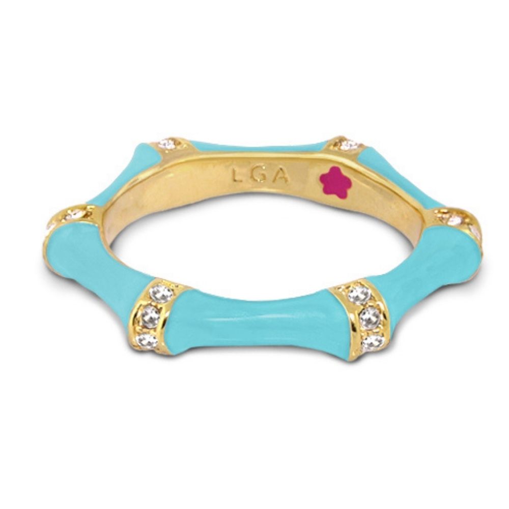 Bamboo Stackable Ring turquoise enamel with gold-tone accents and crystals by LGA on Tampa Home & Garden Store